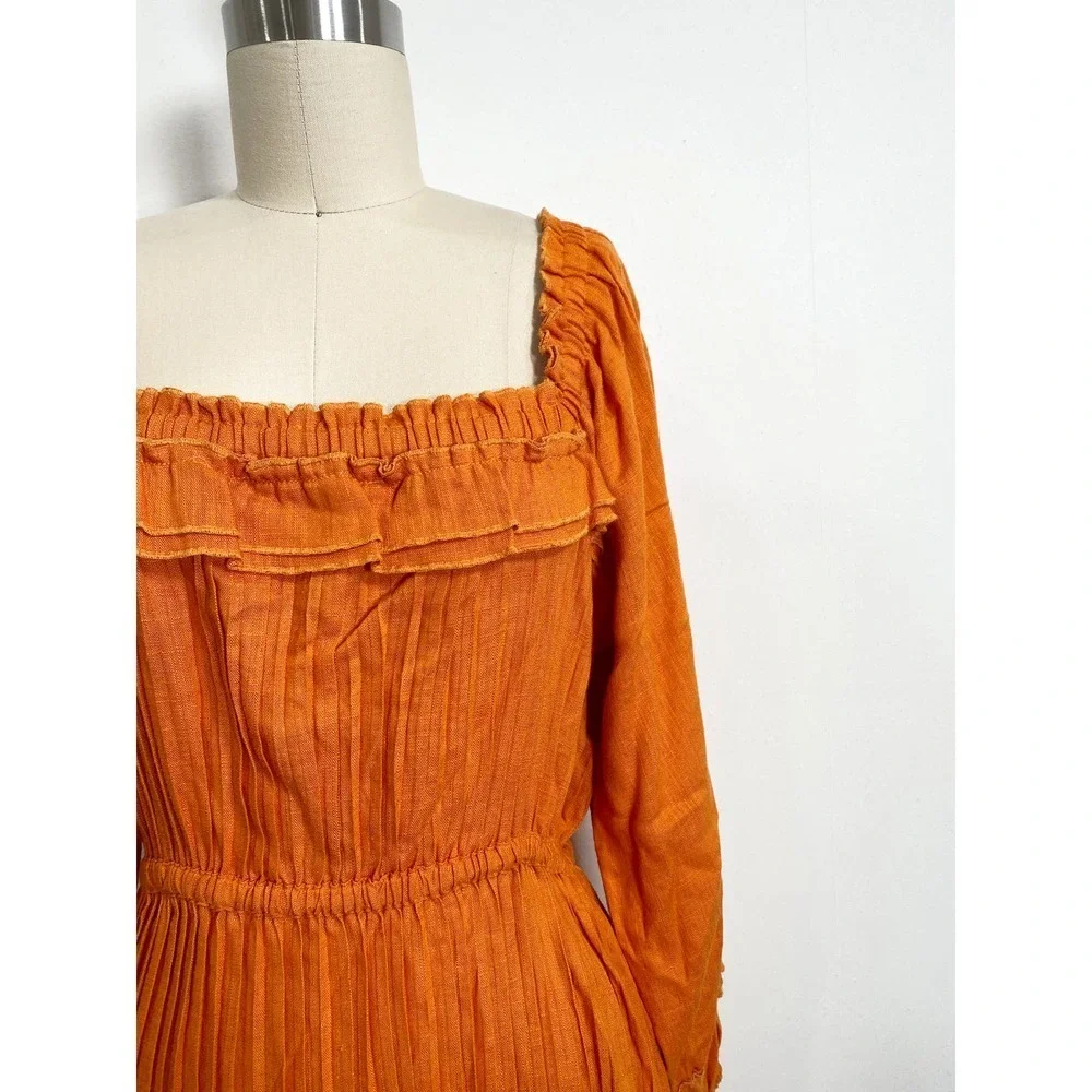 Nicholas 6 S Pleated Prairie Dress Deep Orange Linen Puff Sleeve Midi Ruffle New - Picture 4 of 8